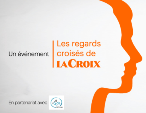 Logo de l'événement La Croix, Regards croisés, avec une forme de visage de profil dessiné en orange sur blanc
