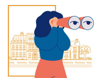 illustration femme regardants dans de grosses jumelles, des yeux au bout des jumelles, une frise en fond représentant une ville dessinée en orange