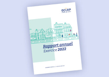 couv du rapport annuel exercice 2022, frise verte représentant une ville et personnages