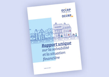 couv du rapport unique sur la solvabilité et la situation financière ocirp exercice 2022, dessin en frise bleue representant la ville et petits personnages