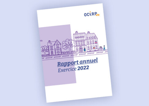 couv du rapport annuel ocirp vie exercice 2022, dessin en frise bleue representant la ville et petits personnages
